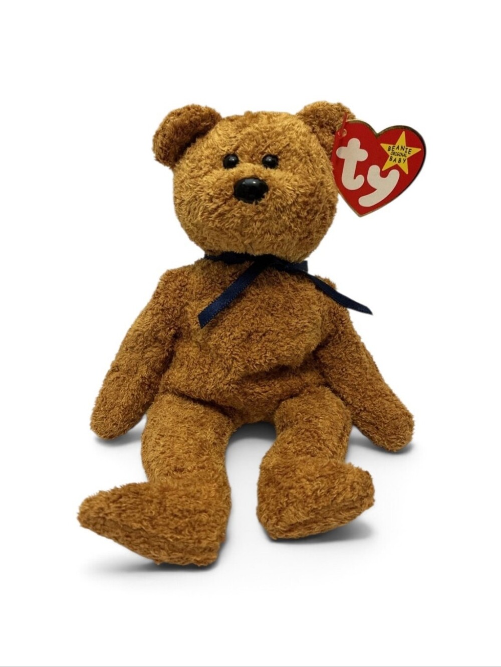 New w/Tags*Ty Beanie Baby Fuzz the Brown Bear w/Blue Ribbon Bow